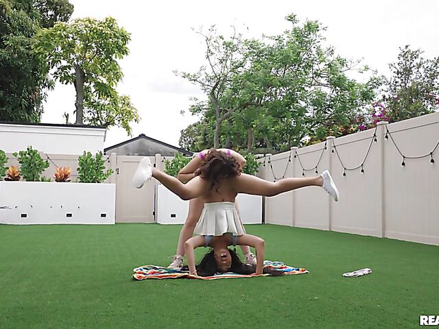 Lesbian cheerleader workout with Leana Lovings and Bianca Bangs