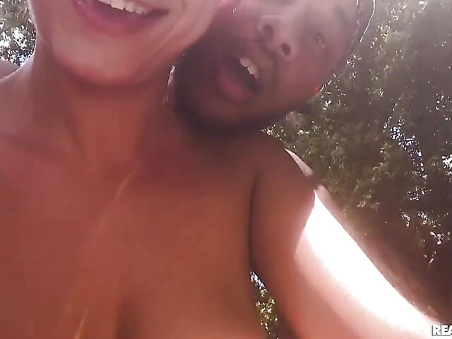 Bouncing babes with big natural tits Roxie Sinner and Ariel Pure Magic have a threesome on the trampoline