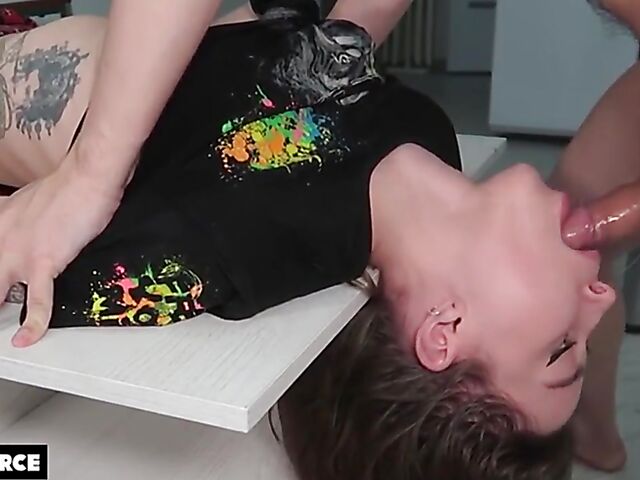 Table fuck in stockings and miniskirt with brunette teen Laruna Mave