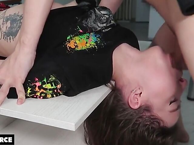 Table fuck in stockings and miniskirt with brunette teen Laruna Mave