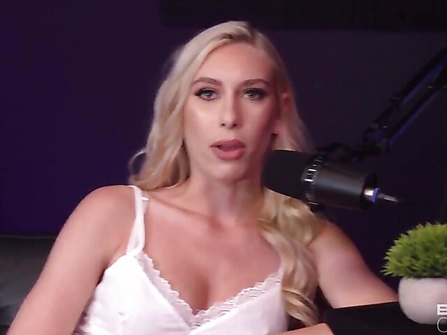 Podcast interview and interracial sex on the couch with leggy blonde pornstar Kay Lovely