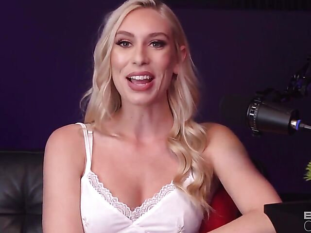 Podcast interview and interracial sex on the couch with leggy blonde pornstar Kay Lovely