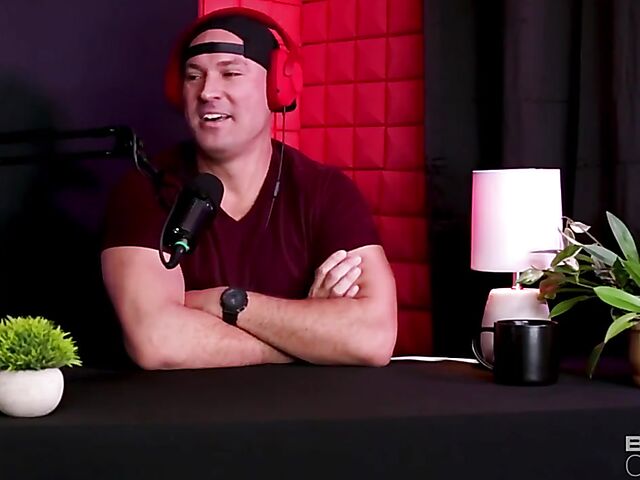 Podcast interview and interracial sex on the couch with leggy blonde pornstar Kay Lovely