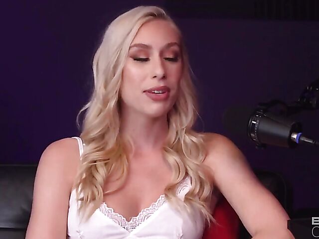 Podcast interview and interracial sex on the couch with leggy blonde pornstar Kay Lovely