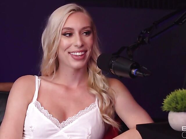 Podcast interview and interracial sex on the couch with leggy blonde pornstar Kay Lovely