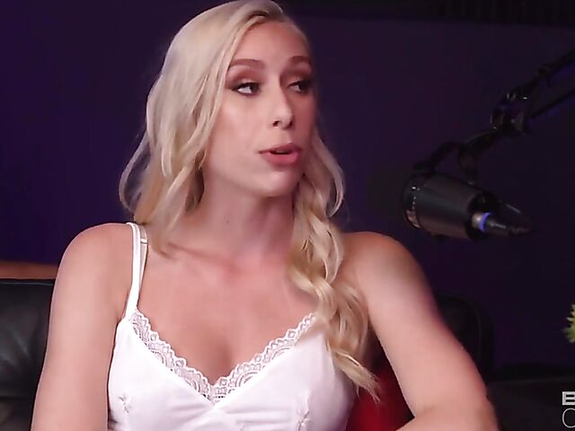Podcast interview and interracial sex on the couch with leggy blonde pornstar Kay Lovely
