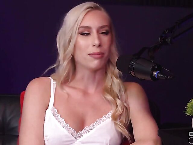 Podcast interview and interracial sex on the couch with leggy blonde pornstar Kay Lovely