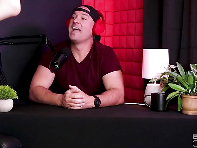 Podcast interview and interracial sex on the couch with leggy blonde pornstar Kay Lovely