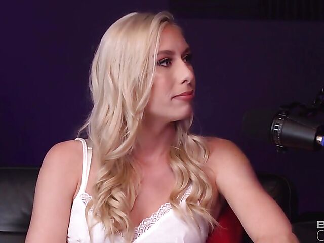 Podcast interview and interracial sex on the couch with leggy blonde pornstar Kay Lovely