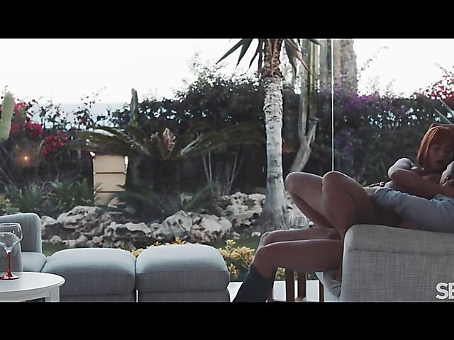 Cute redhead Dolly Dyson drinking, talking and fucking