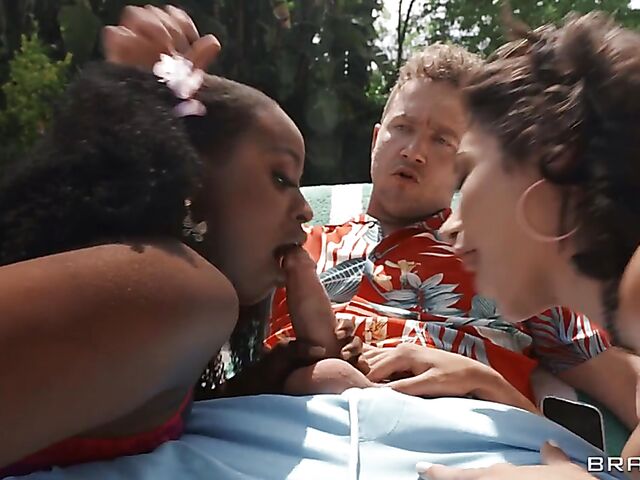 Brooklyn Gray & Elsie - Interracial FFM trio with a cheating guy outdoors