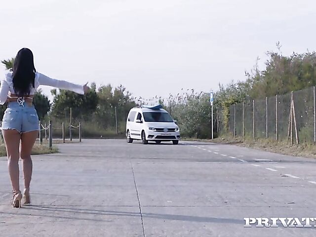 Sexy brunette hitchhiker Claudia Bavel gets screwed