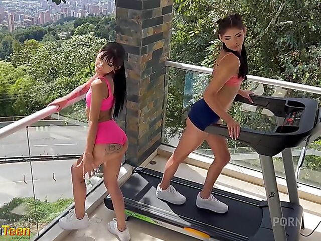 Interracial double anal gangbang in the gym with fitness babes Daniela Garcia and Melany Evans