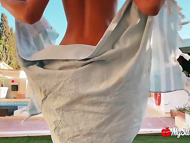 POV babe changing clothes and fucking by the pool