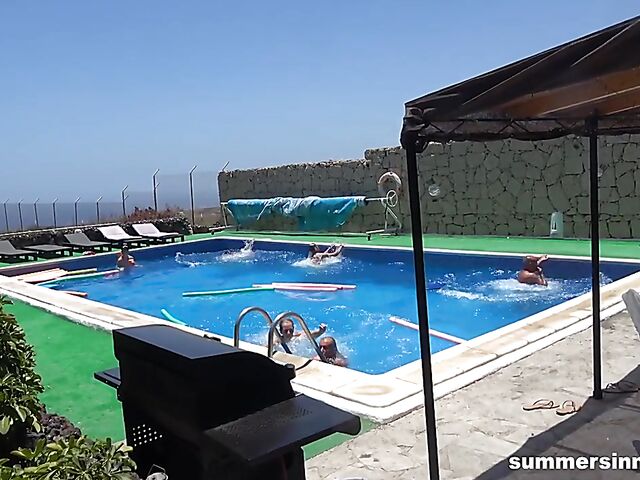 Group nude yoga and outdoor sex in the sun