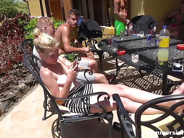 Group nude yoga and outdoor sex in the sun