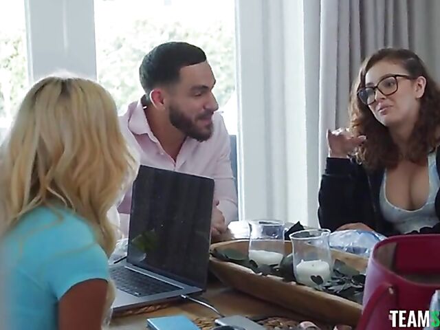 Leana Lovings and Lacy Tate shooting the FFM threesome scene