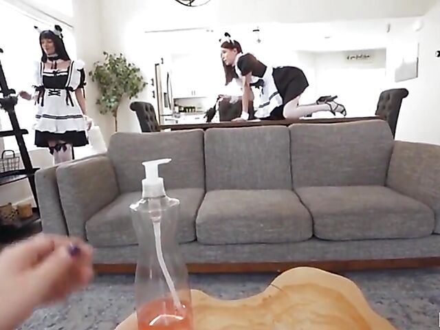 Group sex with three nasty maids sharing an asian cock featuring Brooke Johnson, Kitty Cam and Lily Thot