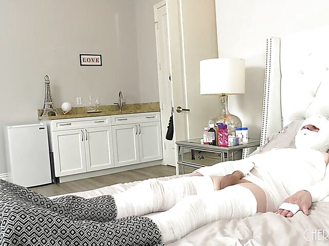 Crazy cuckold session with tattooed Rocky Emerson getting banged next to her disabled husband in full body cast