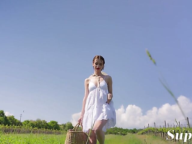 Outdoor solo picnic naked with red lip babe Any Moloko