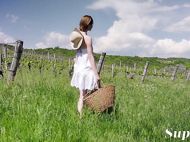 Outdoor solo picnic naked with red lip babe Any Moloko