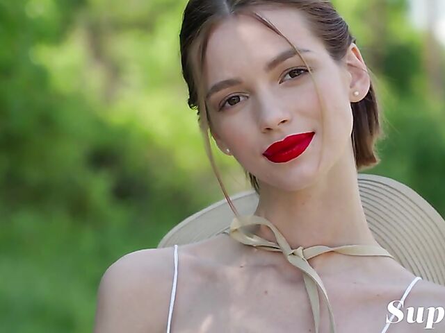 Outdoor solo picnic naked with red lip babe Any Moloko