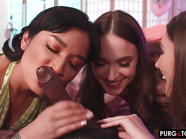 3 girls ride a black cock with Avery Black, Hazel Moore and Maya Woulfe