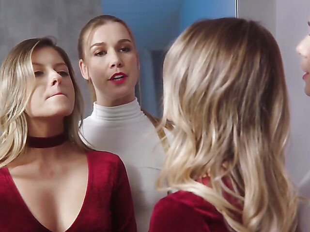 Elegant lesbian pantyhose sex with a strapless dildo featuring Rebecca Volpetti and Alexis Crystal