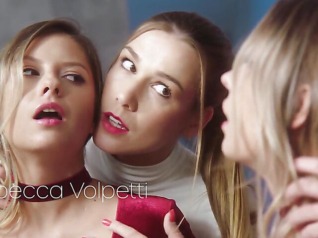 Elegant lesbian pantyhose sex with a strapless dildo featuring Rebecca Volpetti and Alexis Crystal