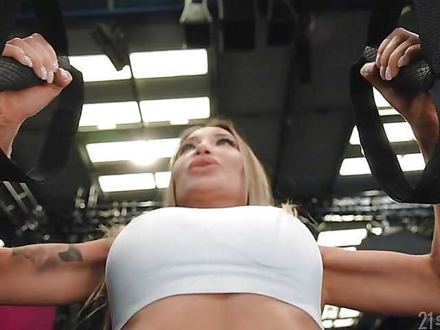 Awesome double penetration at the gym with fake tits fitness babe Monika Fox