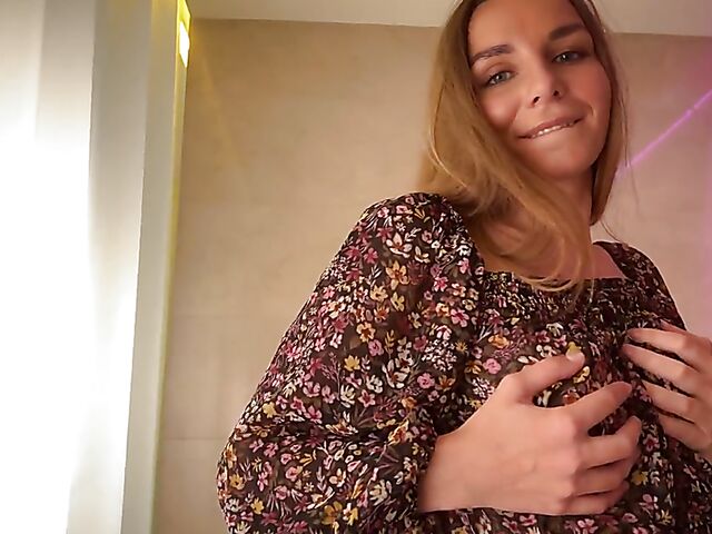 Bathroom solo strip with good-looking Arina Shy