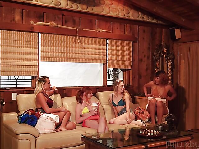 Lesbian foursome in the hut with Lacy Lennon, Lily Larimar, Indica Monroe and Apryl Rein
