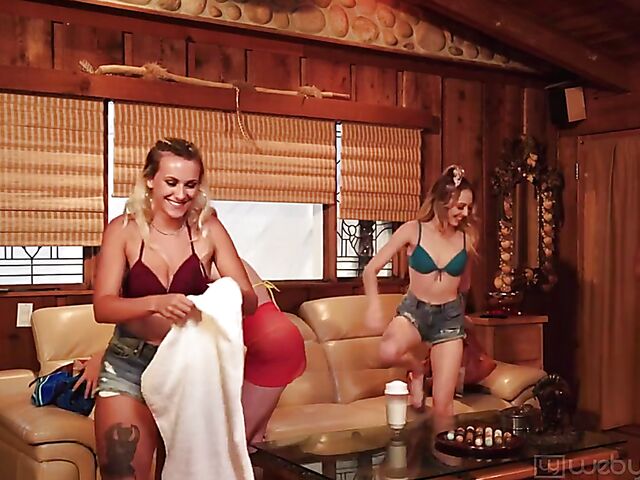 Lesbian foursome in the hut with Lacy Lennon, Lily Larimar, Indica Monroe and Apryl Rein