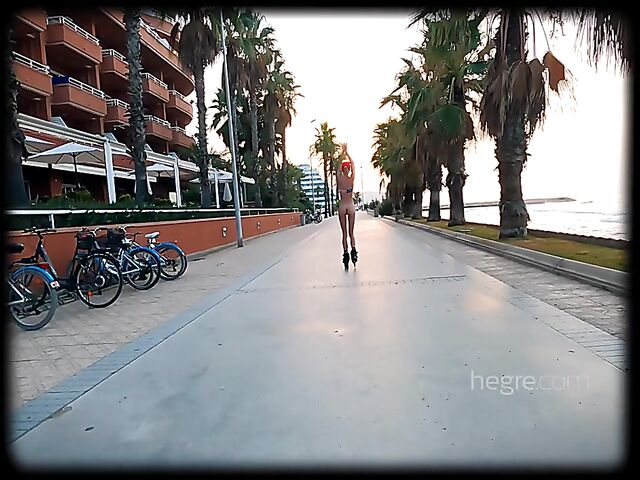 Public naked roller skating in Spain with skinny Riana
