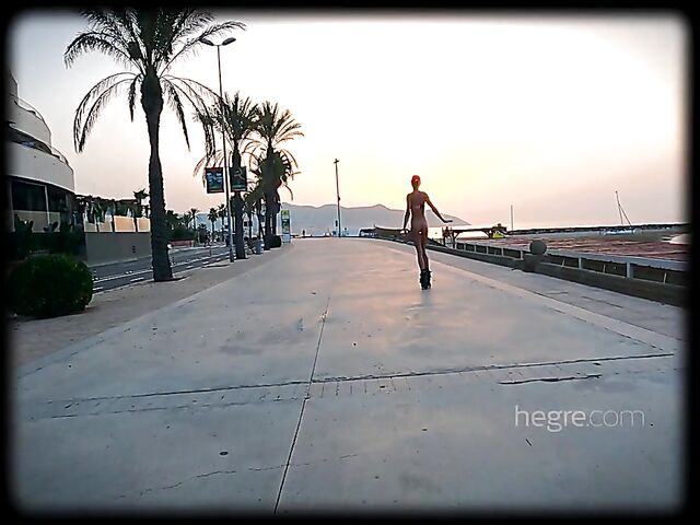 Public naked roller skating in Spain with skinny Riana