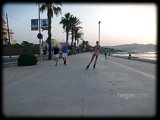 Public naked roller skating in Spain with skinny Riana