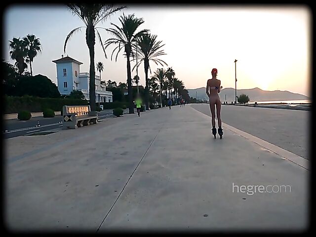 Public naked roller skating in Spain with skinny Riana