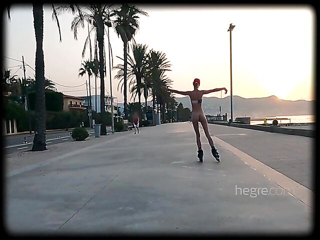 Public naked roller skating in Spain with skinny Riana