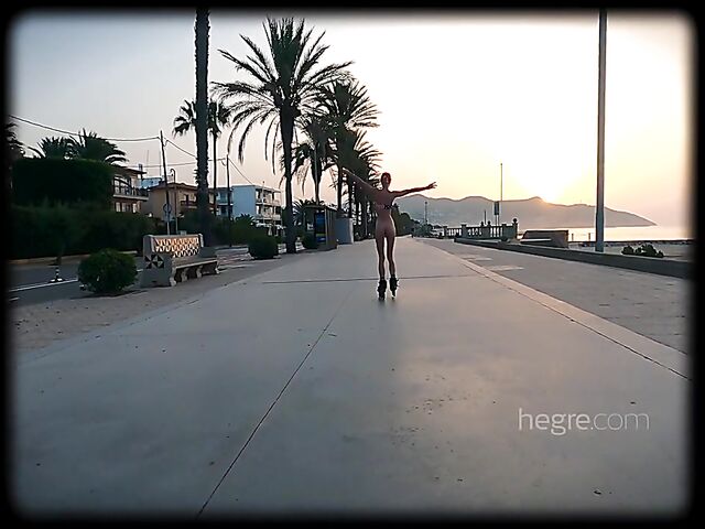 Public naked roller skating in Spain with skinny Riana