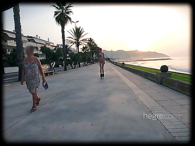 Public naked roller skating in Spain with skinny Riana