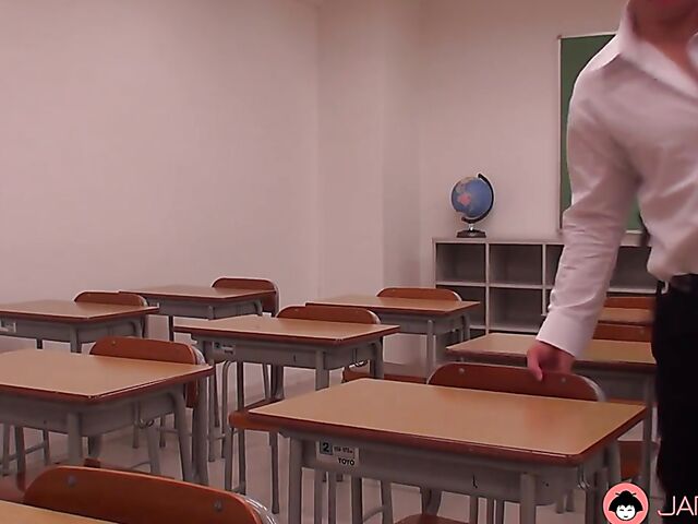Japanese schoolgirl blowjob in the classroom with short-haired Kaho Miyazaki