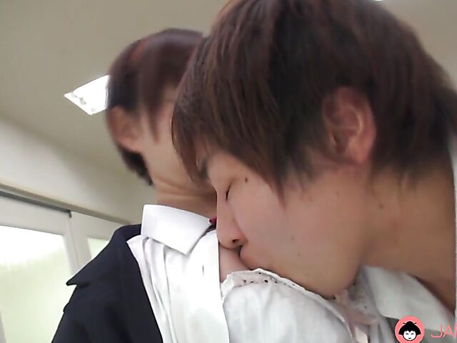 Japanese schoolgirl blowjob in the classroom with short-haired Kaho Miyazaki