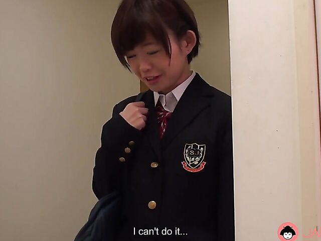 Japanese schoolgirl blowjob in the classroom with short-haired Kaho Miyazaki