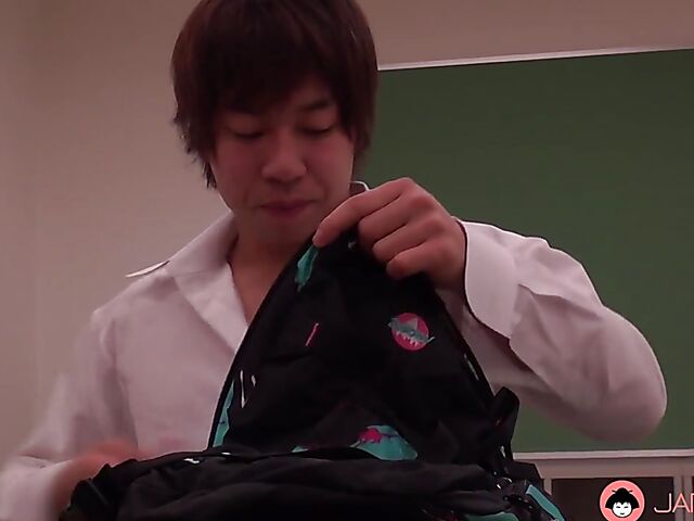 Japanese schoolgirl blowjob in the classroom with short-haired Kaho Miyazaki