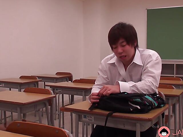 Japanese schoolgirl blowjob in the classroom with short-haired Kaho Miyazaki