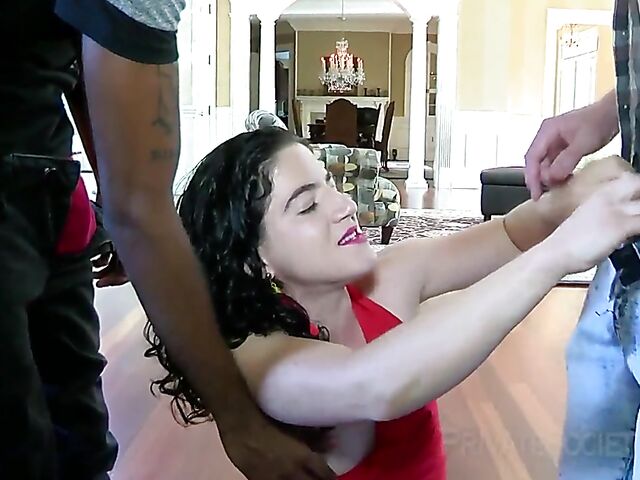 Squirting orgasm after orgasm in interracial MMF 3some with slut Vanessa