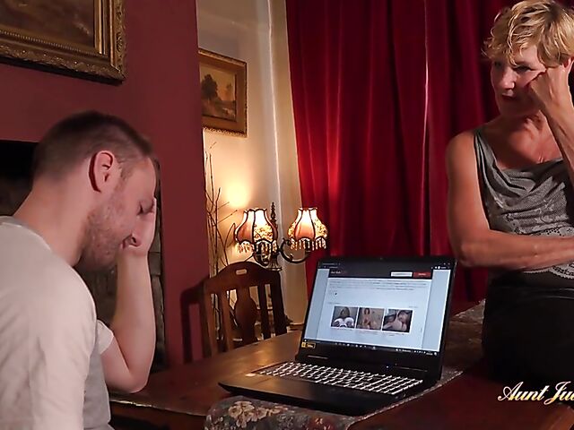 Busty mature woman in stockings Molly fucks a young man