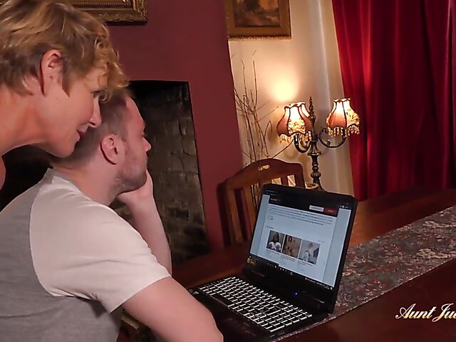 Busty mature woman in stockings Molly fucks a young man