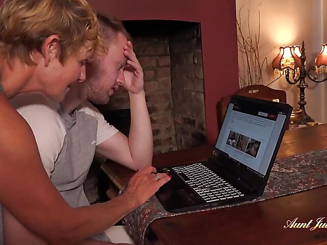 Busty mature woman in stockings Molly fucks a young man