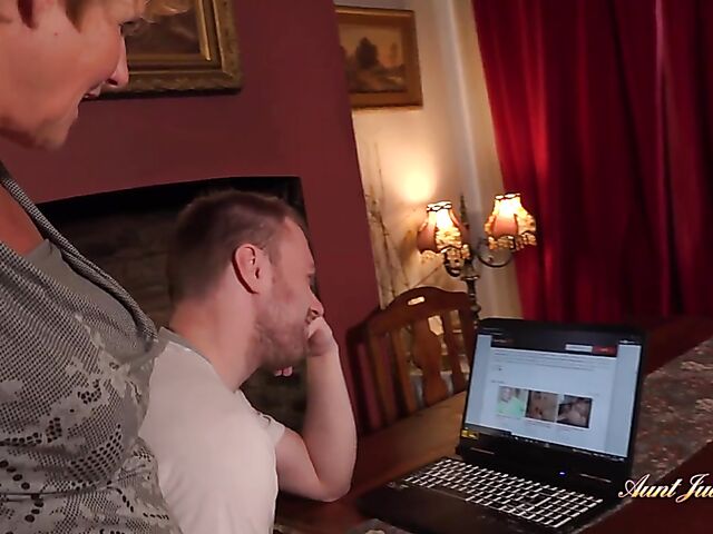 Busty mature woman in stockings Molly fucks a young man